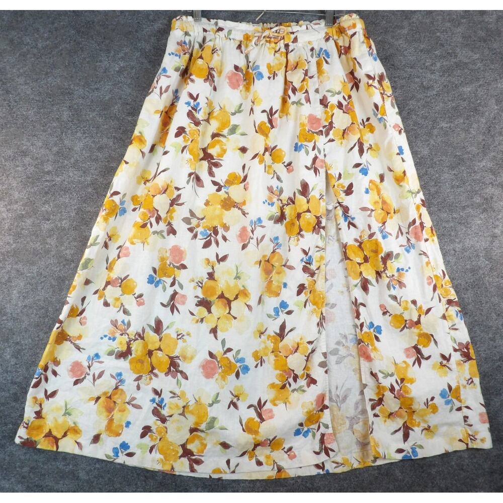 Abercrombie Fitch Cream Floral Linen Maxi Skirt Sz L High Slit Cottagecore Boho